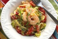 Shrimp and Zoodle Baked Feta Pasta with Garlic Lemon Sauce