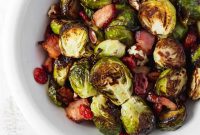 Crispy Roasted Brussels Sprouts with Bacon, Cranberries & Pecans