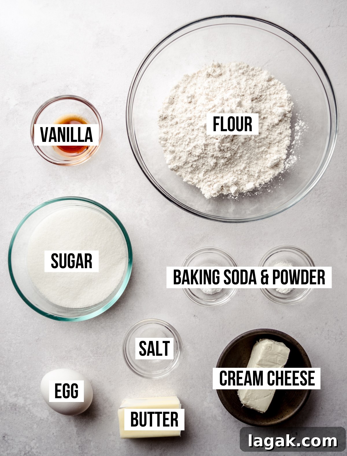 Cream Cheese Drop Cookies – Soft, Sugar Coated Treats 4 Aerial photo of ingredients to make cream cheese sugar cookies with text overlay labeling each ingredient.