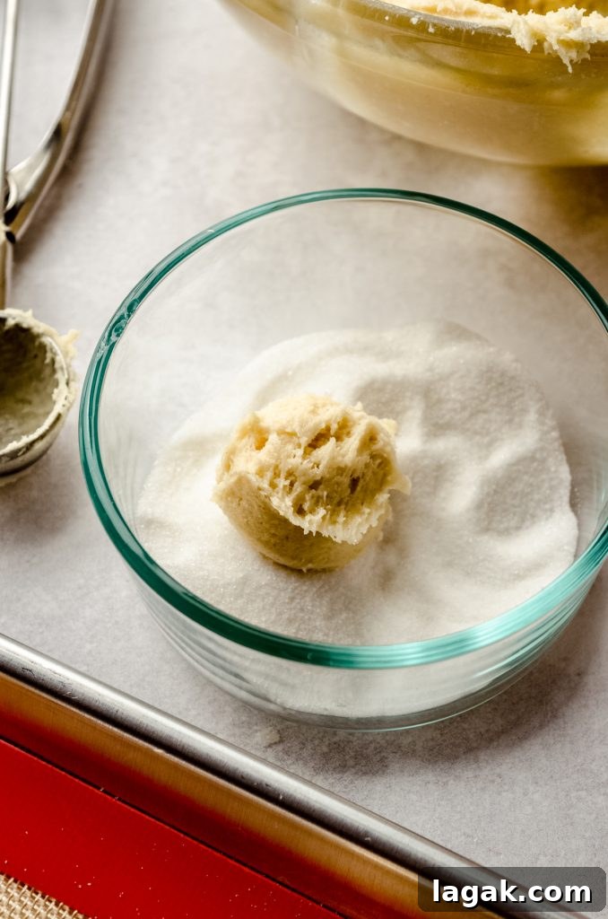 Cream Cheese Drop Cookies – Soft, Sugar Coated Treats 8 A ball of cream cheese sugar cookie dough in a bowl of granulated sugar.