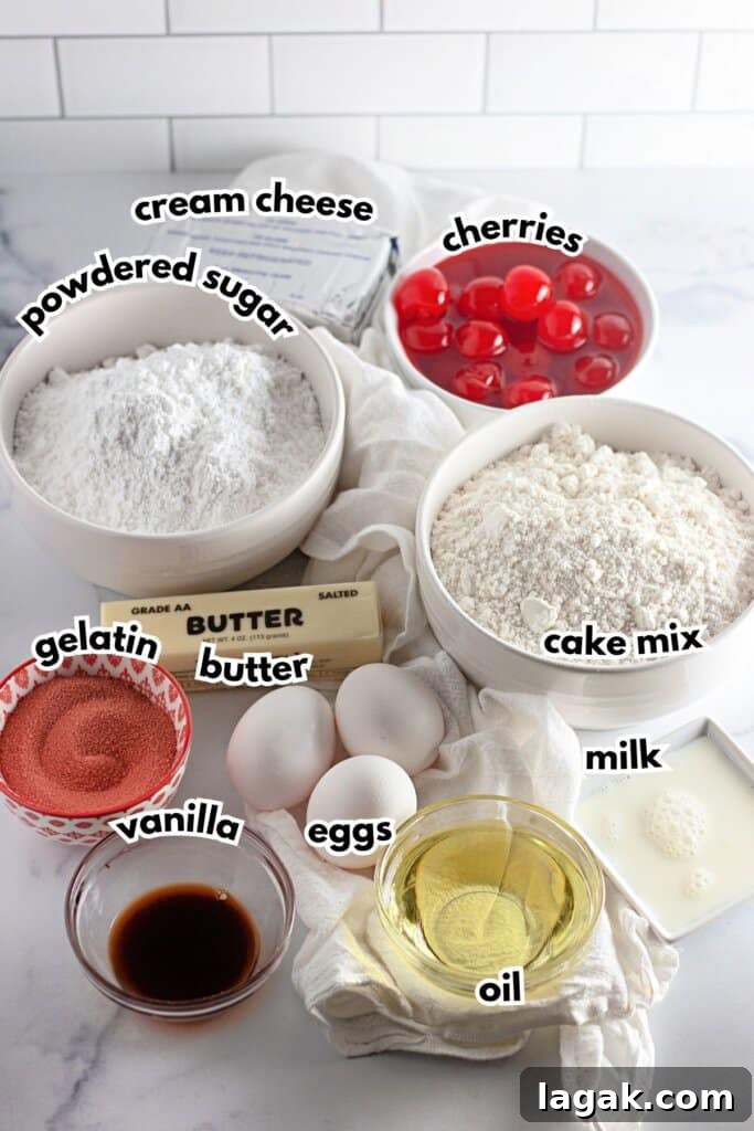 Moist Maraschino Cherry Cake Recipe with Cherry Glaze 4 Bowls of ingredients labelled with text on a counter.