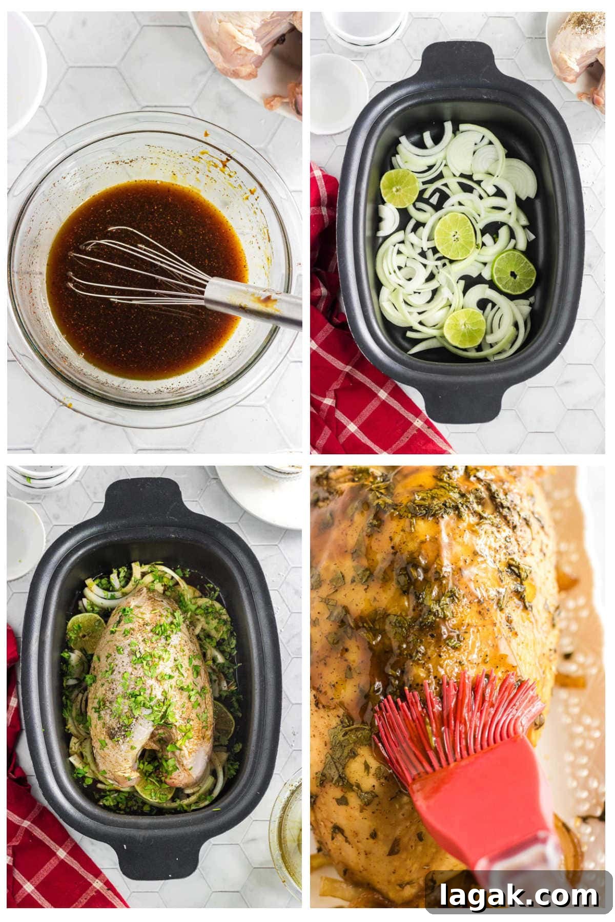 Chipotle Citrus Turkey Breast Slow Cooker Recipe 5 Step-by-step collage showing how to make slow cooker turkey breast. The first image shows a whisk in a bowl of chipotle citrus marinade. The second image has sliced onions and lime halves layered in the bottom of a slow cooker. The third shows a seasoned turkey breast placed on top of the onions with herbs and marinade. The final image captures the cooked turkey breast being brushed with sauce for a glossy, flavorful finish.