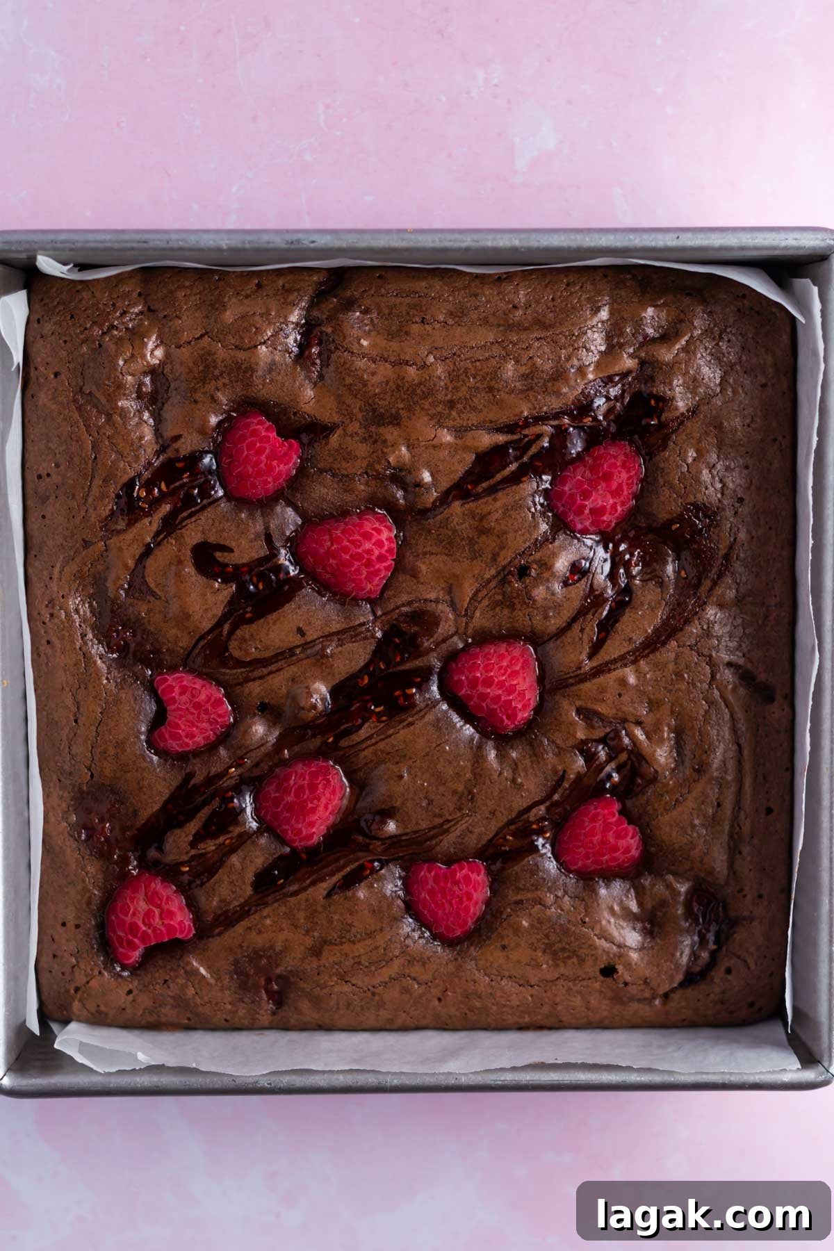 baked raspberry brownies in a baking pan