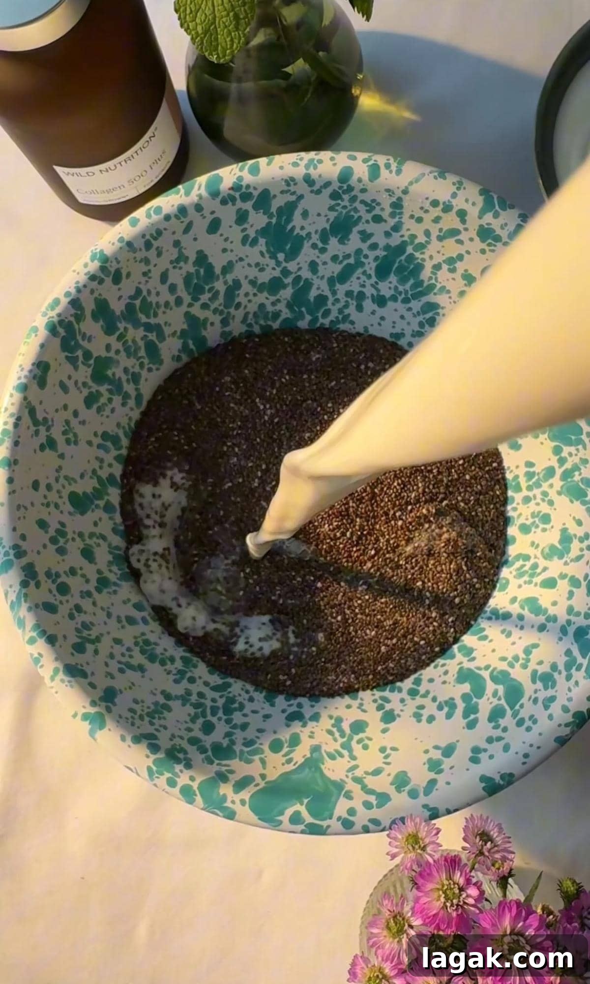 Tiramisu Chia Pudding with Creamy Yogurt — Quick Recipe 4 adding milk to chia seeds.