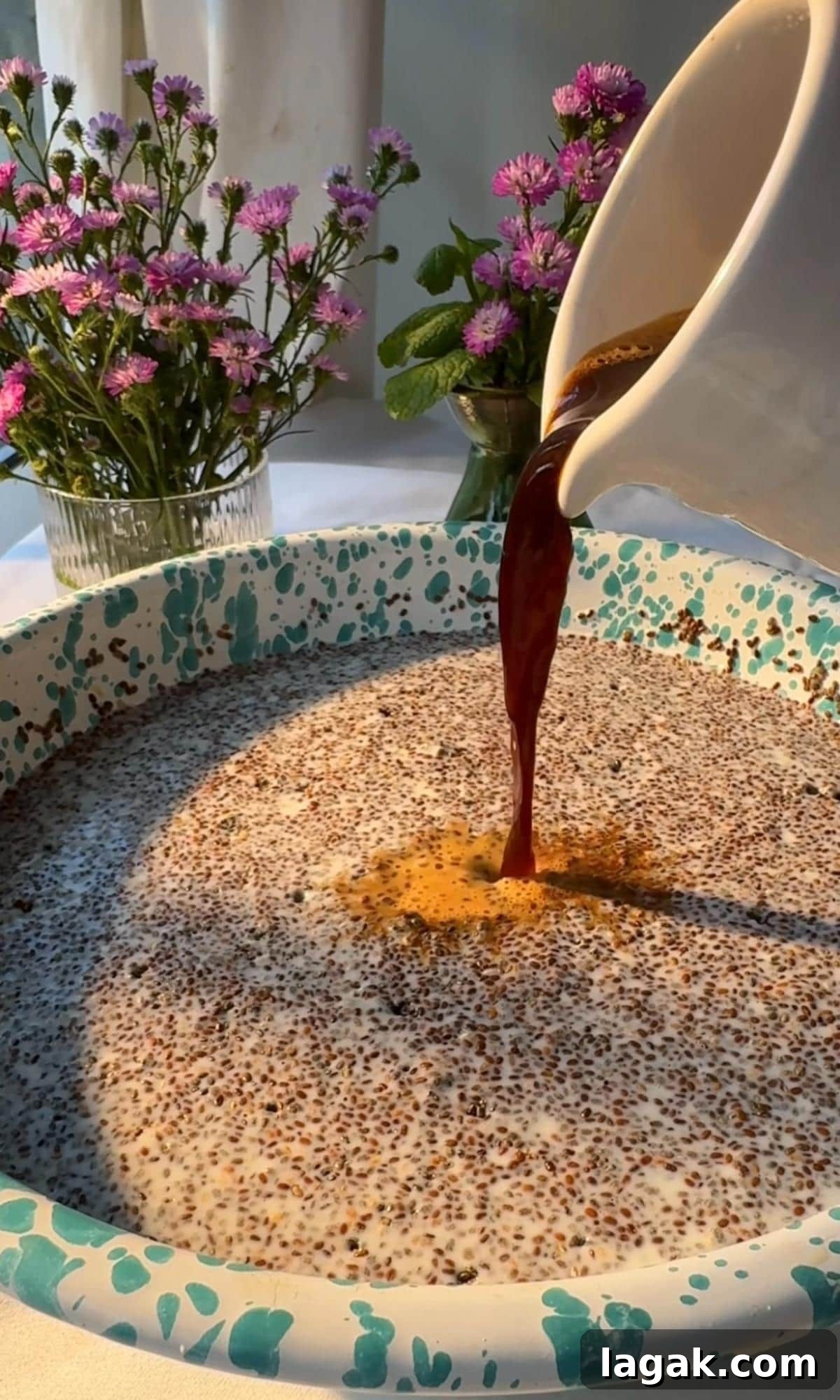 Tiramisu Chia Pudding with Creamy Yogurt — Quick Recipe 6 adding coffee to chia and yogurt.