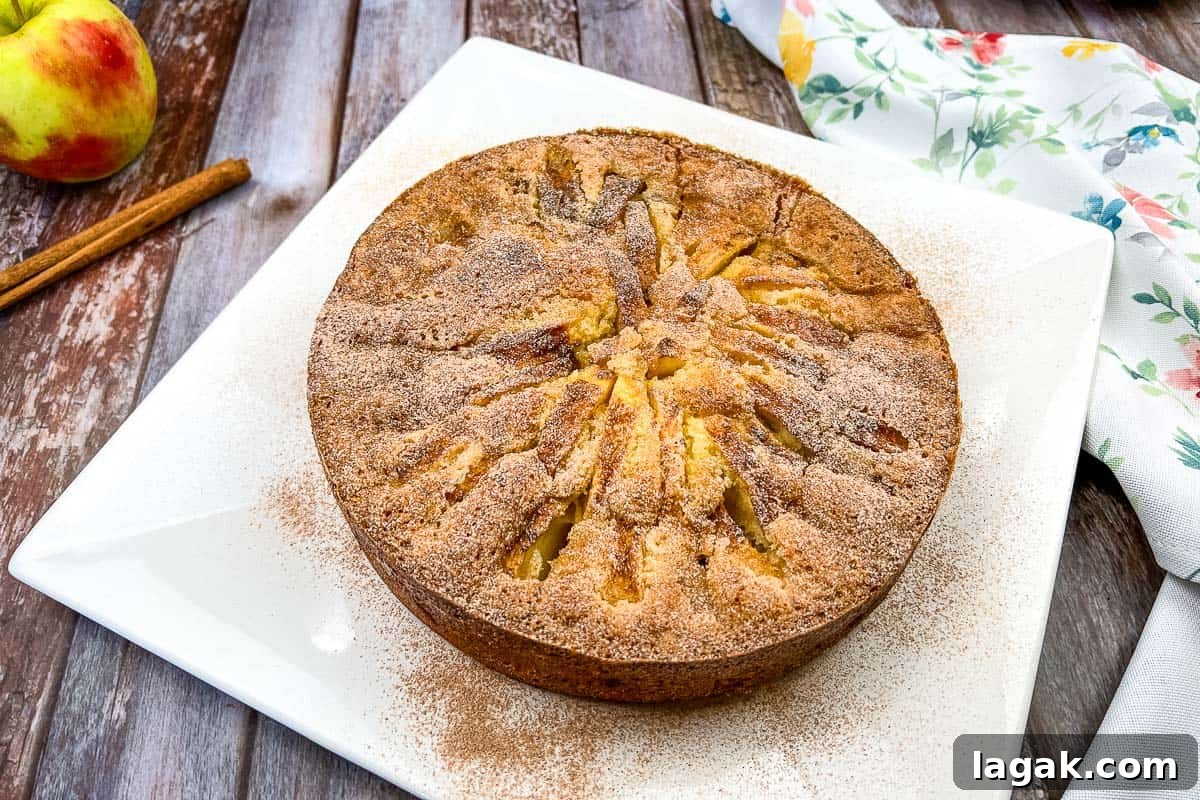 27 Cozy Fall Desserts That Taste Like Brown Sugar, Butter, and Memories 21 An apple cake on a white plate with cinnamon sticks.