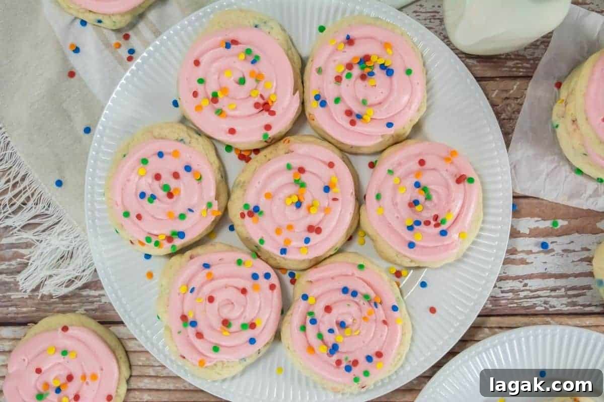 27 Cozy Fall Desserts That Taste Like Brown Sugar, Butter, and Memories 24 A plate of Copycat Crumbl Confetti Cake Cookies topped with pink frosting and multicolored sprinkles sits on a wooden table.