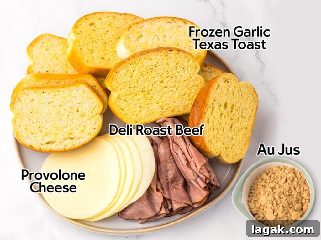Garlic Bread French Dip Sandwiches: Savory Dipping Recipe 3 Ingredients to make garlic bread French dips recipe on a plate and a bowl with the au jus mix with text labels.