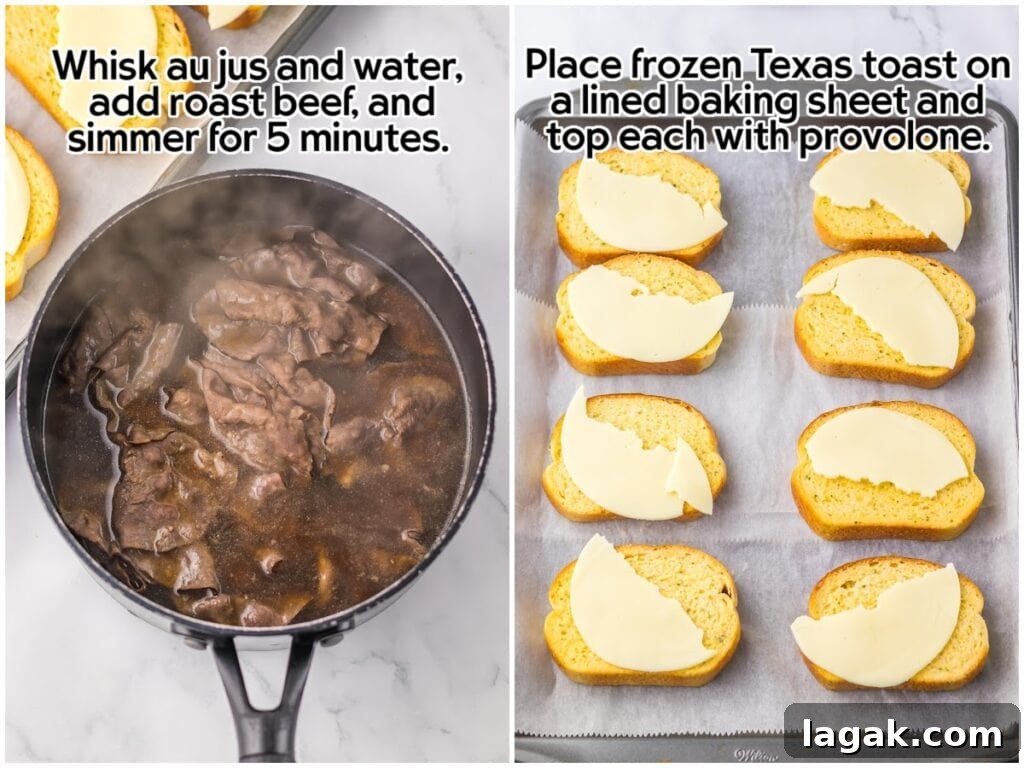Garlic Bread French Dip Sandwiches: Savory Dipping Recipe 4 Two image collage of a saucepan of sliced roast beef simmering in au jus next to baking sheet with garlic Texas toast slices topped with provolone cheese with text overlay.