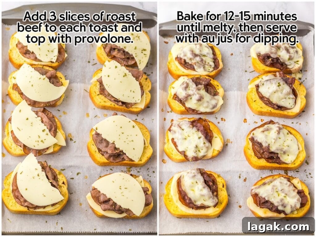 Garlic Bread French Dip Sandwiches: Savory Dipping Recipe 5 Two image collage of a baking sheet with garlic bread French dip sandwiches being assembled with Texas toast, roast beef and provolone cheese slices then baked with text overlay.