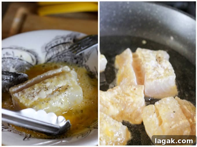 Pan-Seared Cod with Classic Meunière Sauce 3 frying cod in a skillet proces shots