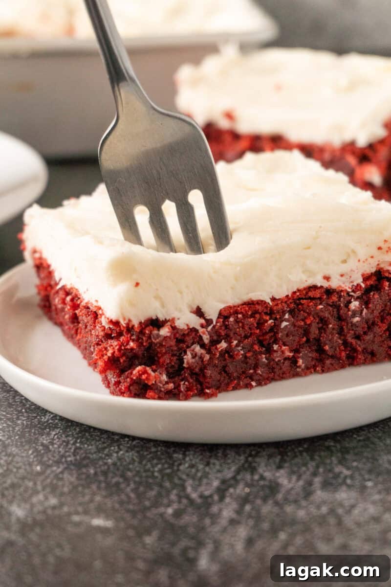 Red Velvet Brownies Recipe with Cream Cheese Swirl 13 sticking a fork in a frosted piece of red velvet brown sitting on a white plate.