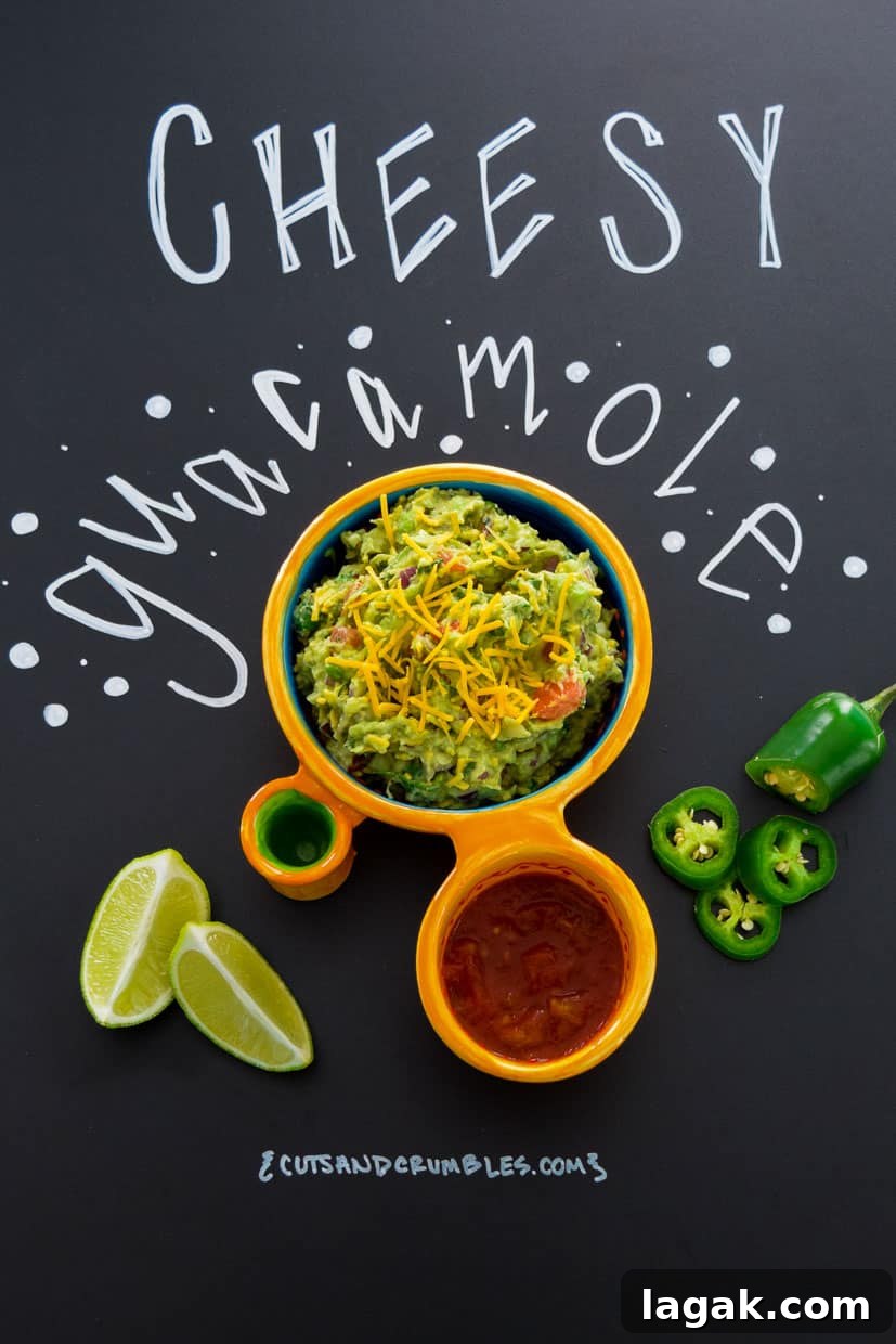 Cheesy Guacamole Recipe: Creamy Mexican Dip with Melted Cheese 2 Cheesy Guacamole with title written on chalkboard