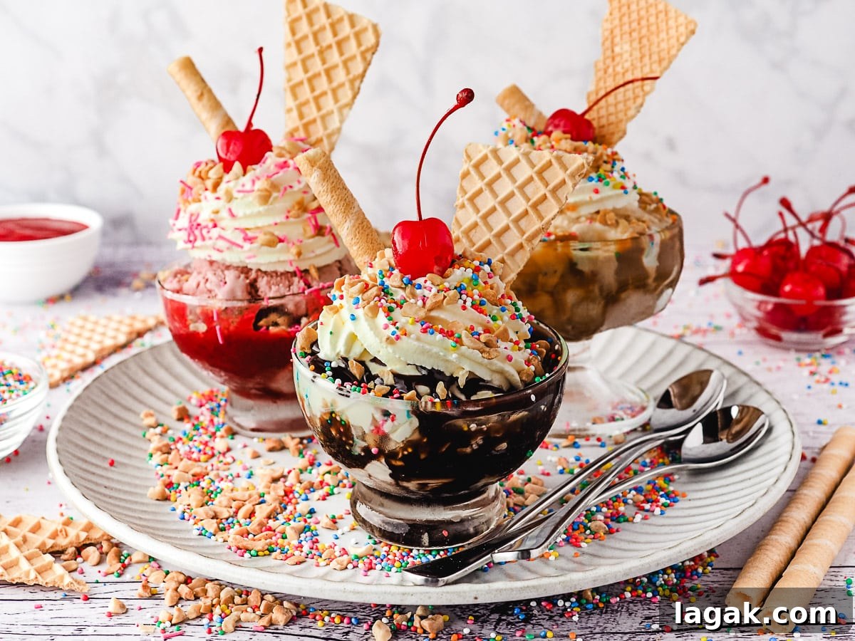 Group of three sundaes, classic, strawberry and caramel, with whipped cream, nuts, sprinkles, wafers and cherry, on a plate with spoons, nuts and sprinkles.