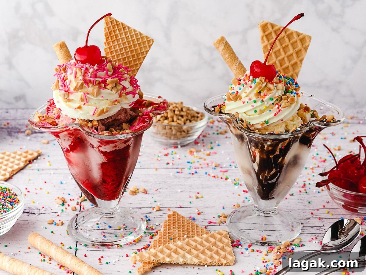 Strawberry and classic sundaes in sundae cups, surrounded by sprinkles, wafers, spoons, nuts and maraschino cherries.