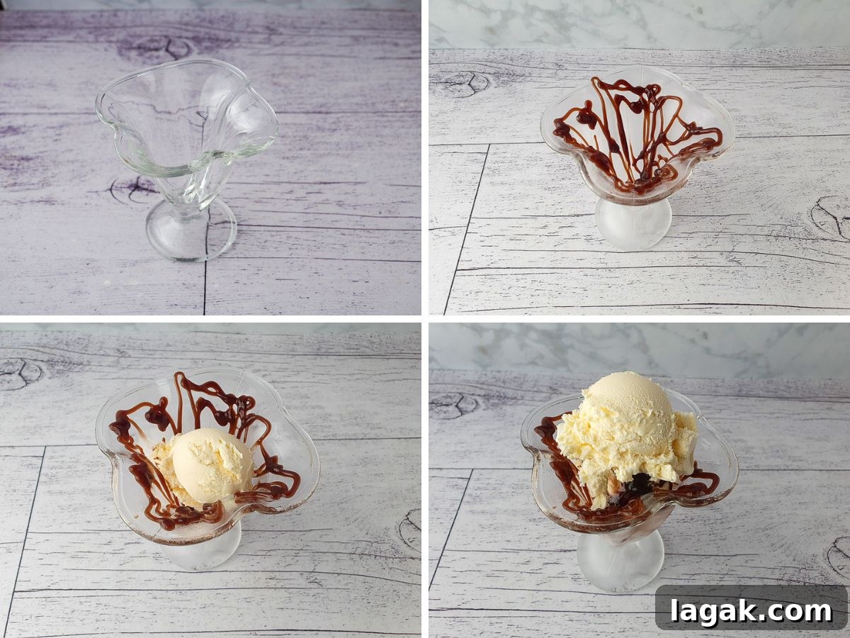 Process shots: adding sauce to sundae glass, a scoop of ice cream, more sauce, then another scoop of ice cream.