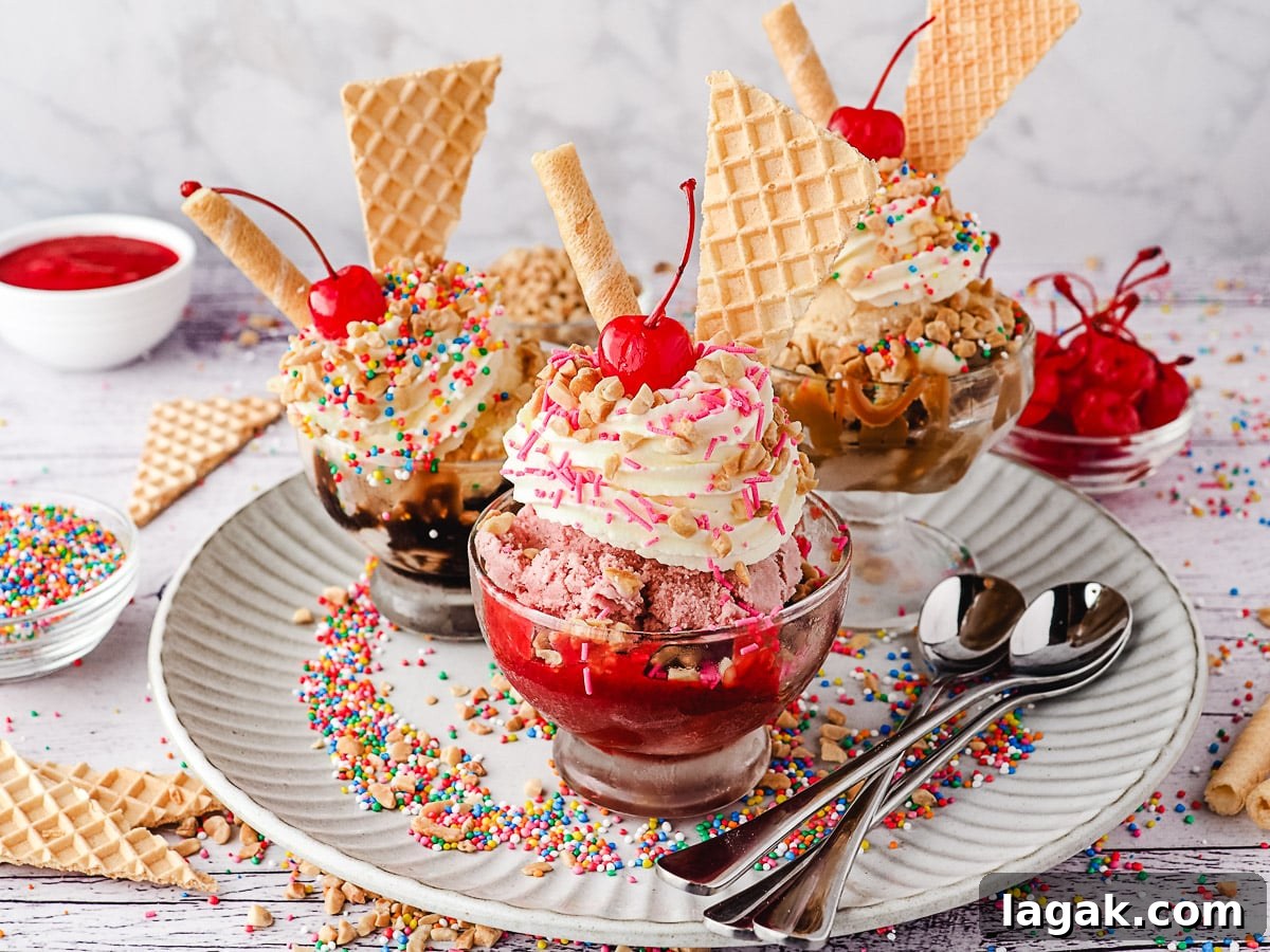 Group of three sundaes, strawberry, classic and caramel, with whipped cream, nuts, sprinkles, wafers and cherry, on a plate with spoons, nuts and sprinkles.