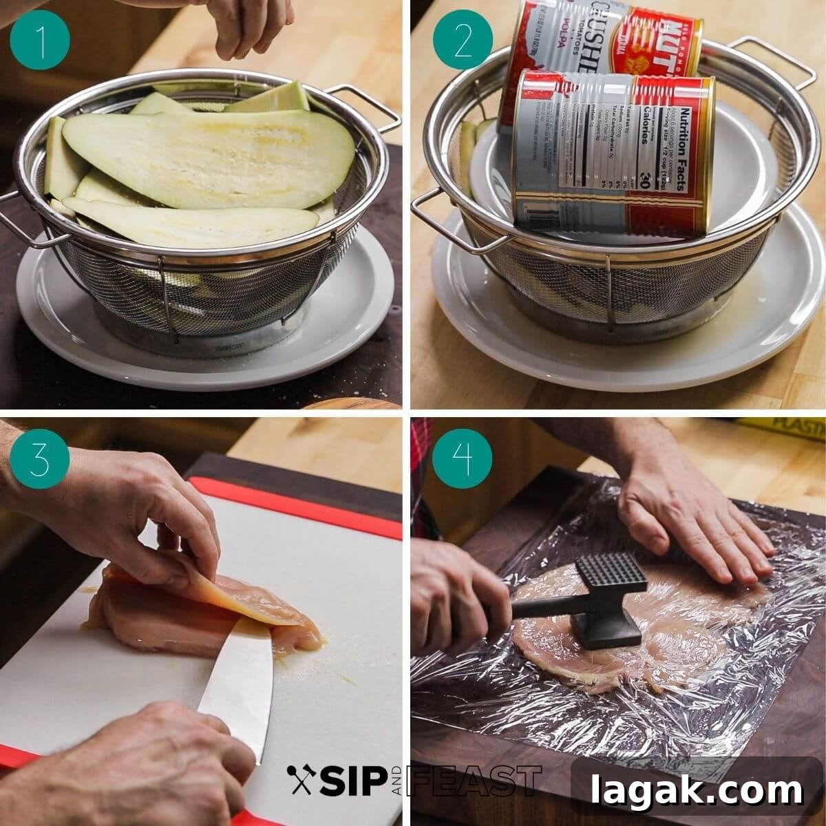 Chicken and Eggplant Parmesan Recipe: Crispy Baked Italian Casserole 5 Chicken eggplant parmesan recipe process shot collage group number one.