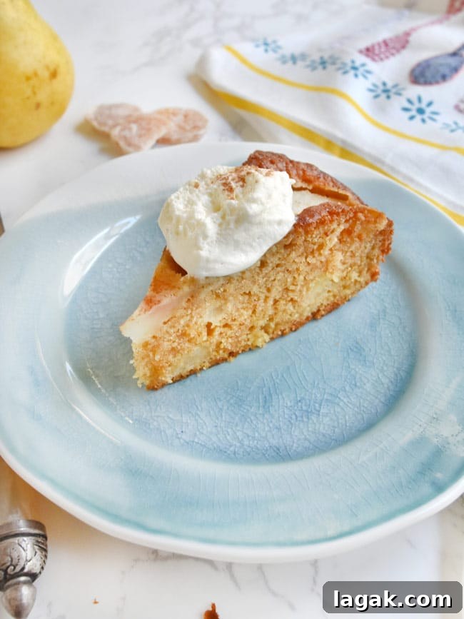 Ginger-Cinnamon Olive Oil Pear Cake Recipe 2 A slice of pear cake with whipped cream on blue plate.