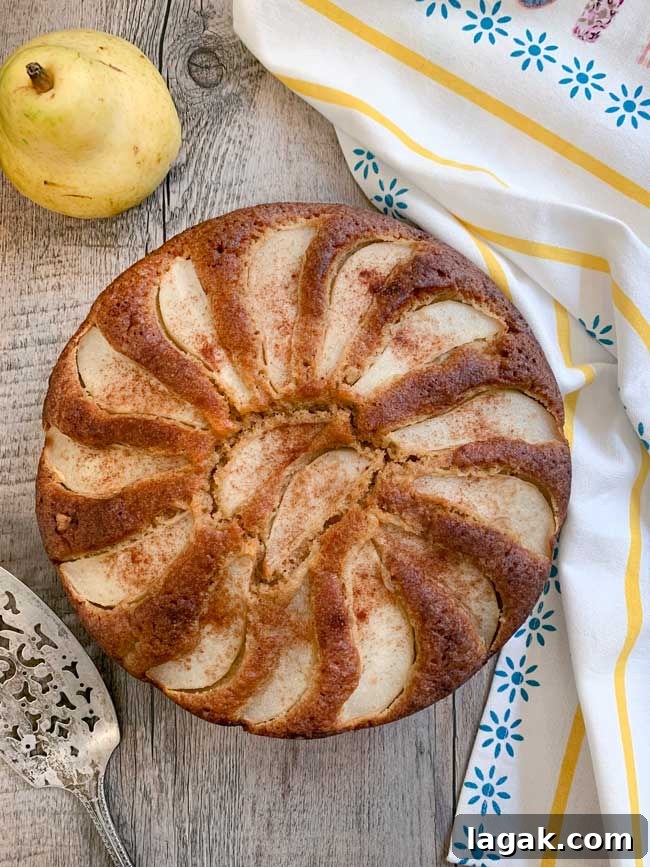 Ginger-Cinnamon Olive Oil Pear Cake Recipe 6 A whole pear cake with pear, cake server, striped napkin.