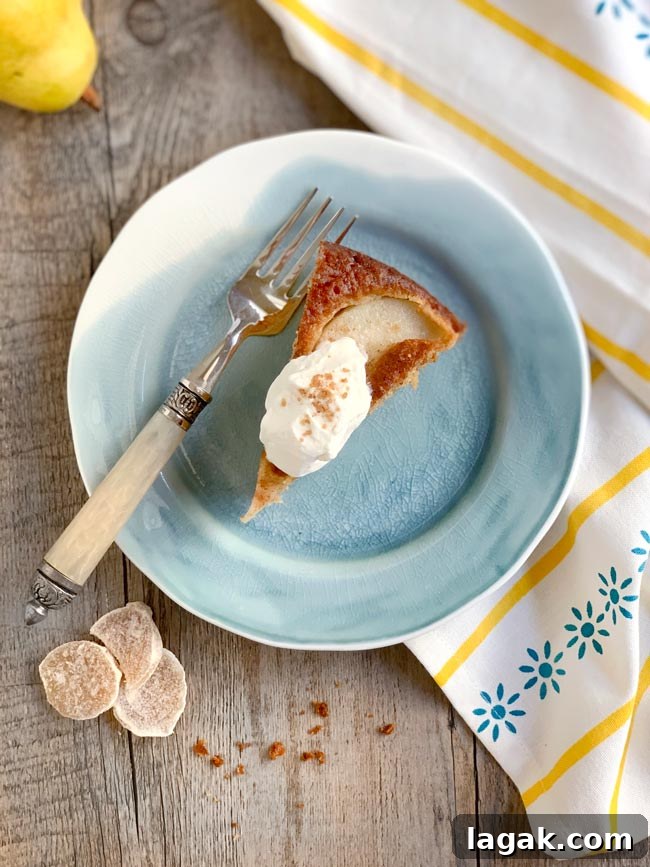 Ginger-Cinnamon Olive Oil Pear Cake Recipe 8 A slice of pear cake on blue plate with dollop of whipped cream.