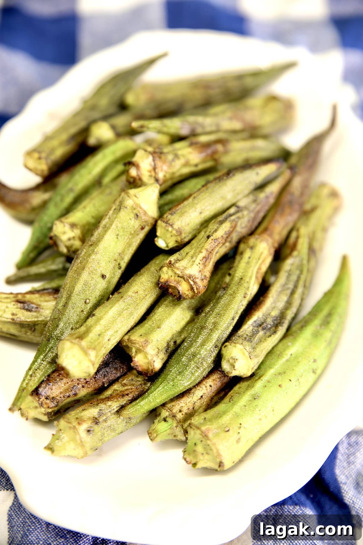Grilled okra recipe. Platter of grilled okra.
