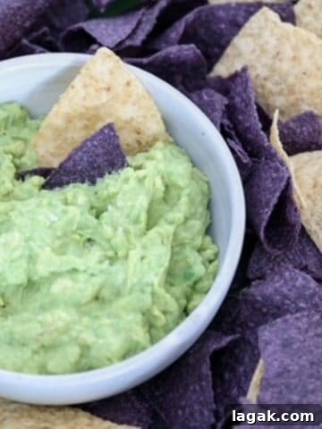 A bowl of guacamole surrounded by blue and white corn tortilla chips.