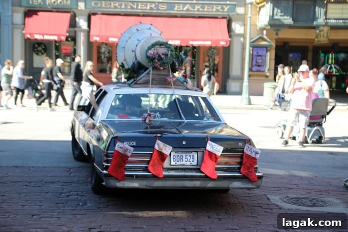 Universal Orlando Holiday Events and Seasonal Attractions 2026 9 Blues Brothers car with holiday decorations in Universal Orlando