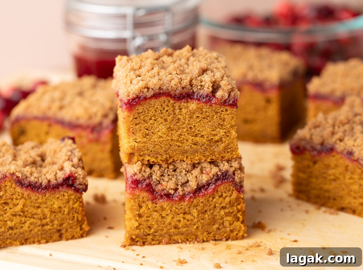 slices of pumpkin cranberry sauce coffee cake with homemade cranberry sauce
