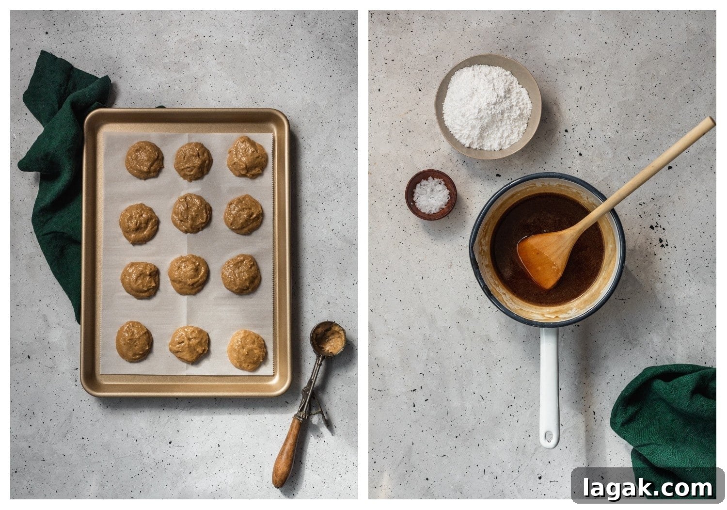 Two images; in the first, we have an overhead of a sheet pan with cookies on a grey background. in the second, we have a pot of caramel surrounded by a bowl of salt and a bowl of powdered sugar.