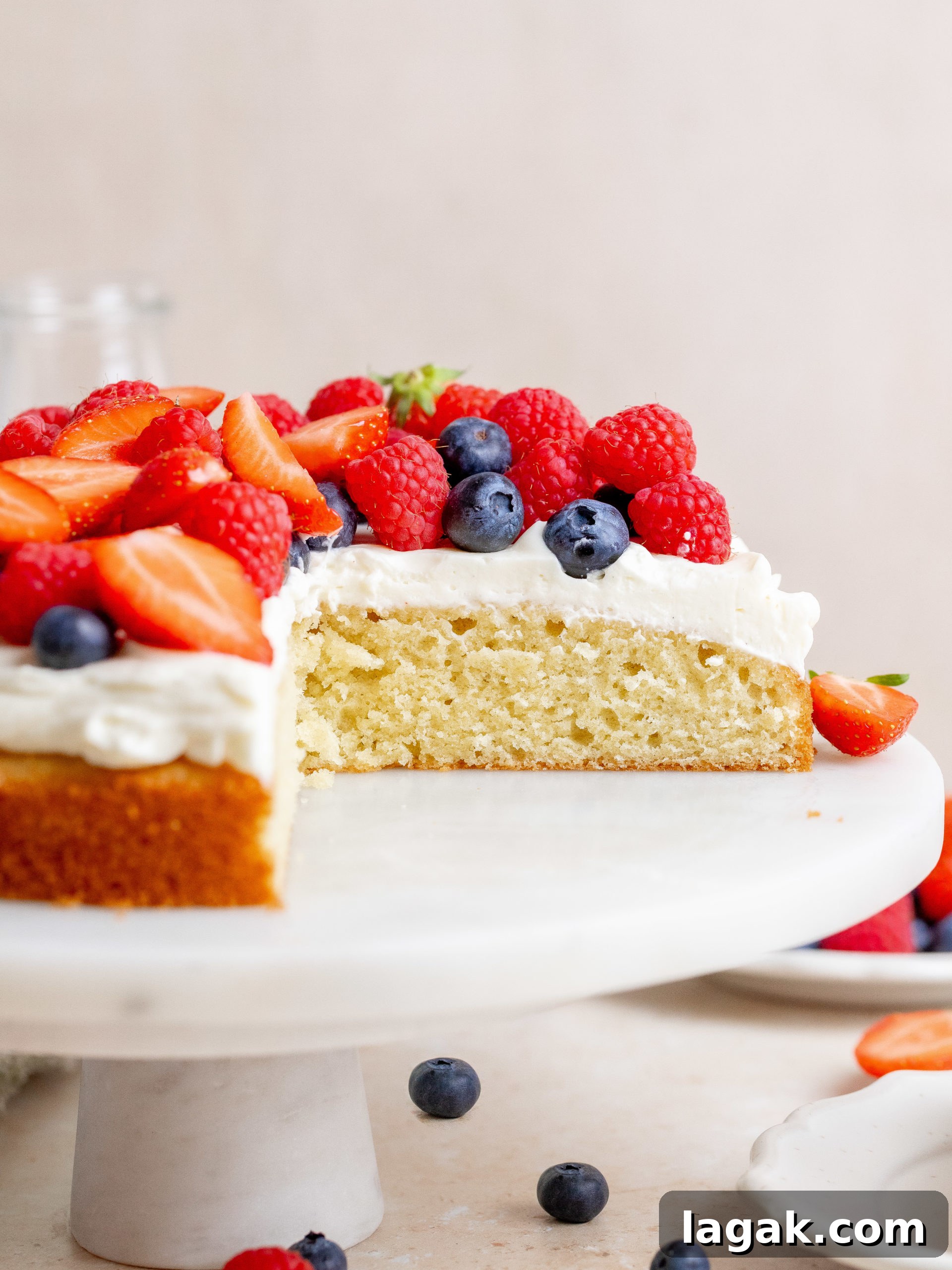 Fresh Berry Cream Cake Recipe with Light Whipped Filling 7 Cake slice close-up