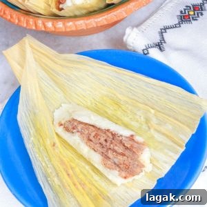 Refried Bean Tamales Recipe – Authentic Mexican Tamales 20 Tamales de Frijol, with one open bean tamal on a blue plate