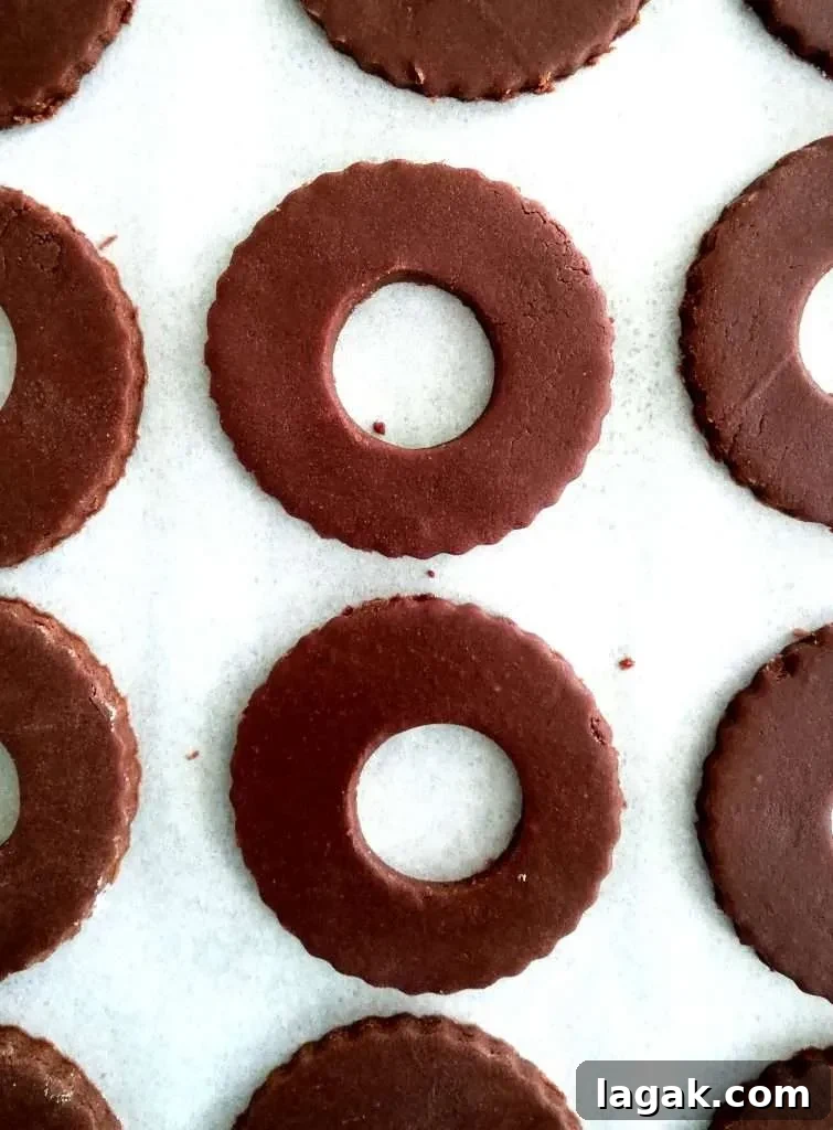 double chocolate sandwich cookies dough cut out with center hole for top cookies