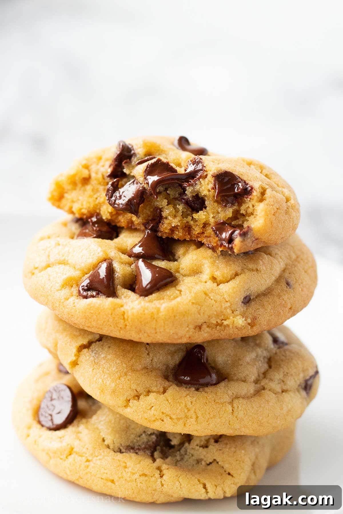 Extra-Soft Vanilla Pudding Chocolate Chip Cookies 2 Stack of baked chocolate chip cookies.