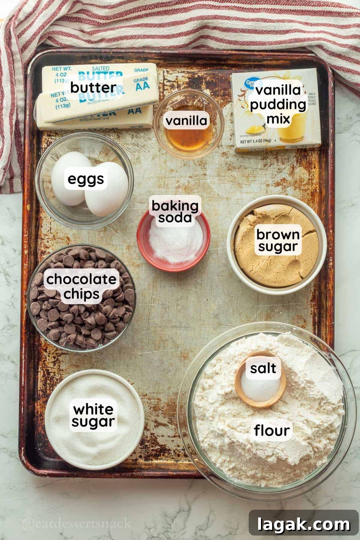 Extra-Soft Vanilla Pudding Chocolate Chip Cookies 3 Labeled ingredients for pudding mix cookies on metal pan.