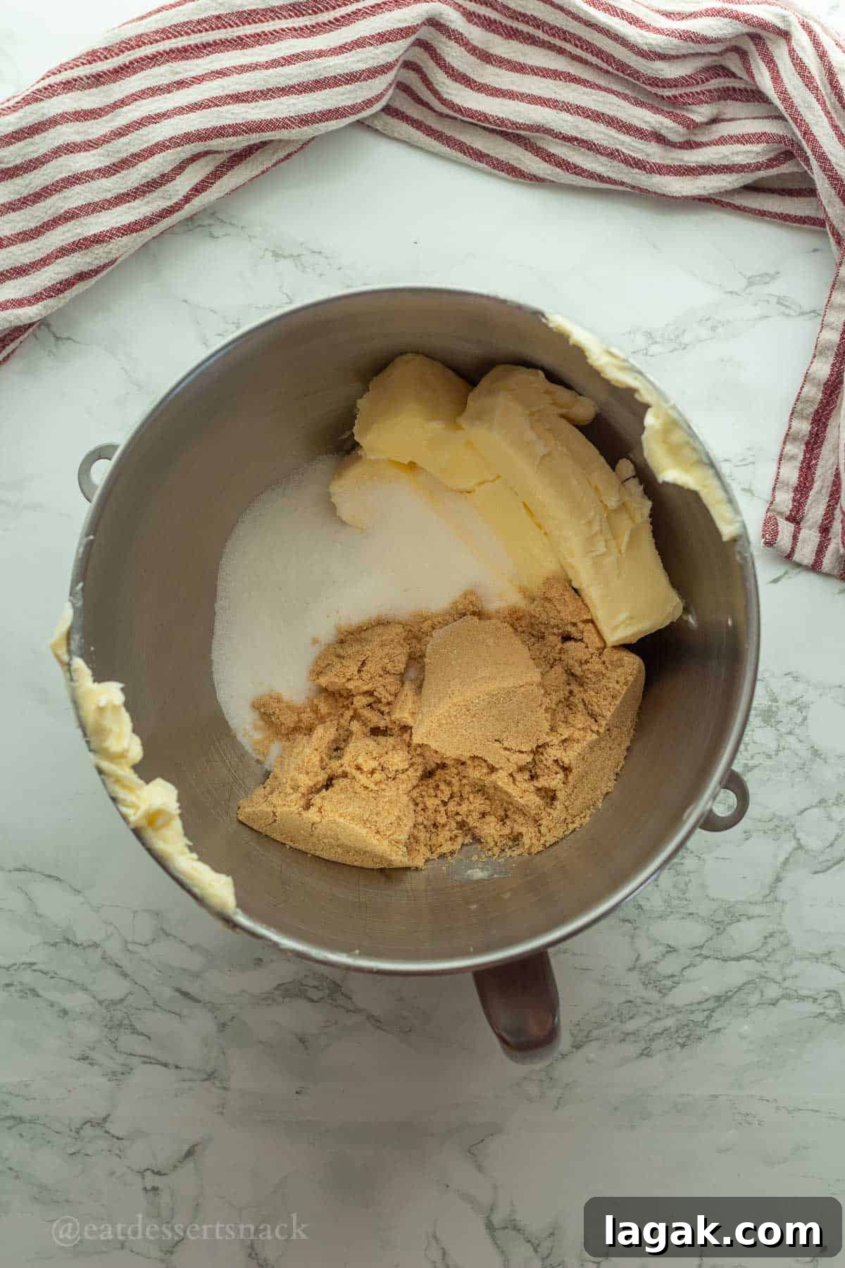 Extra-Soft Vanilla Pudding Chocolate Chip Cookies 4 Butter, white sugar, and brown sugar in metal mixing bowl.