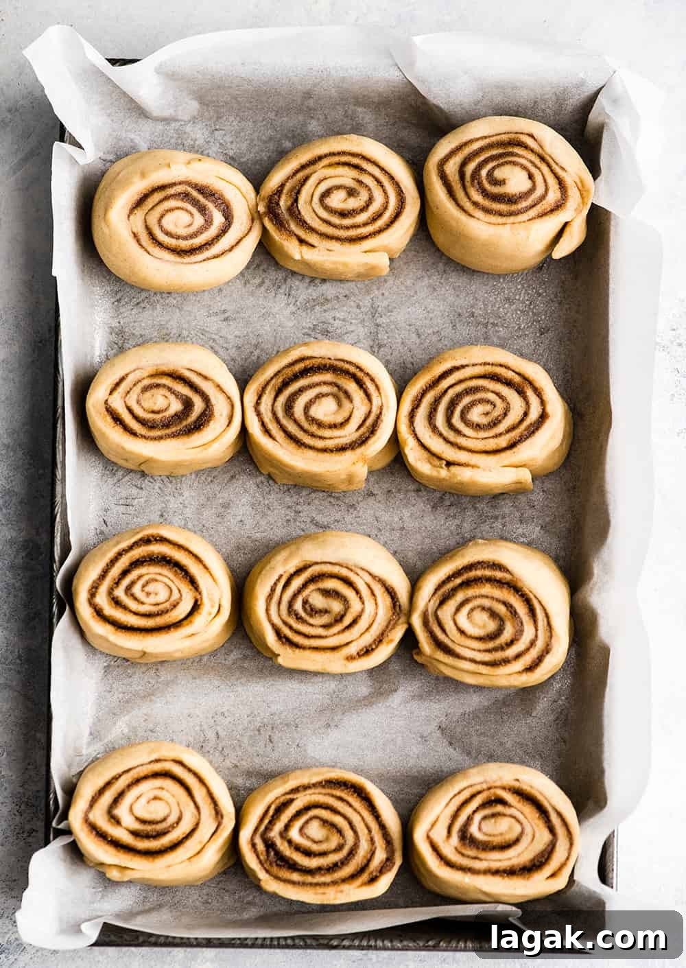 Second Rise Overhead photo showing how to make cinnamon rolls - rolls in baking pan before rising