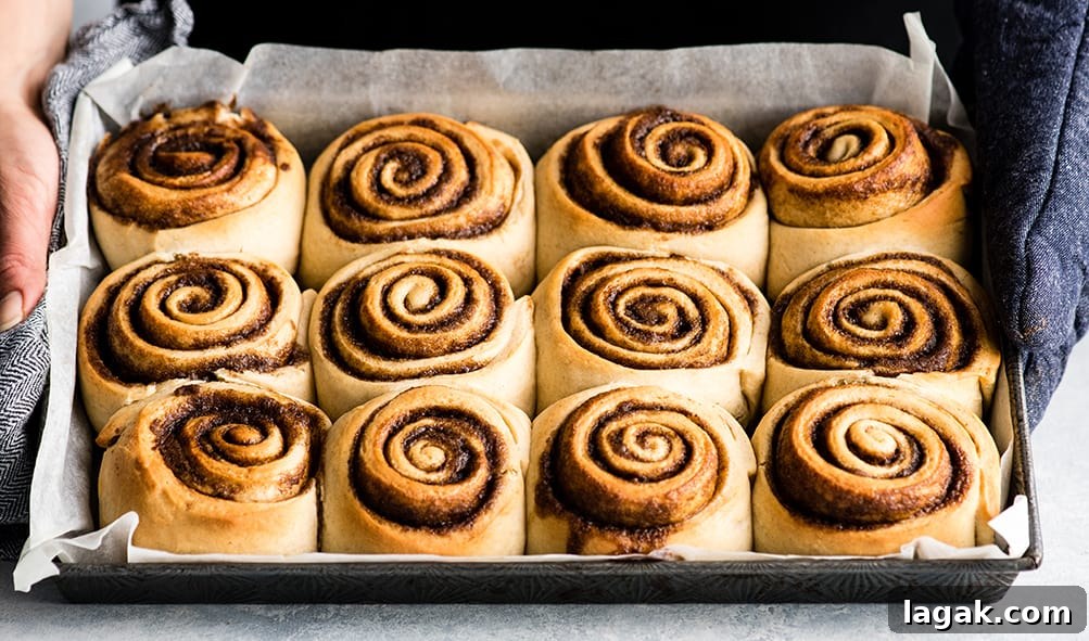 Baked Rolls front photo of hands holding a pan of baked cinnamon rolls