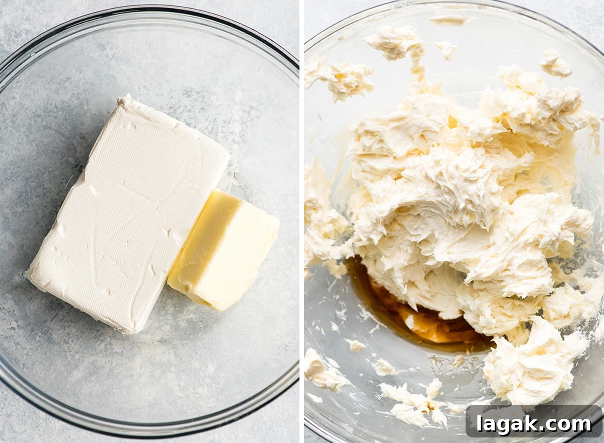 Make Frosting two overhead photos showing how to make cream cheese frosting for cinnamon rolls