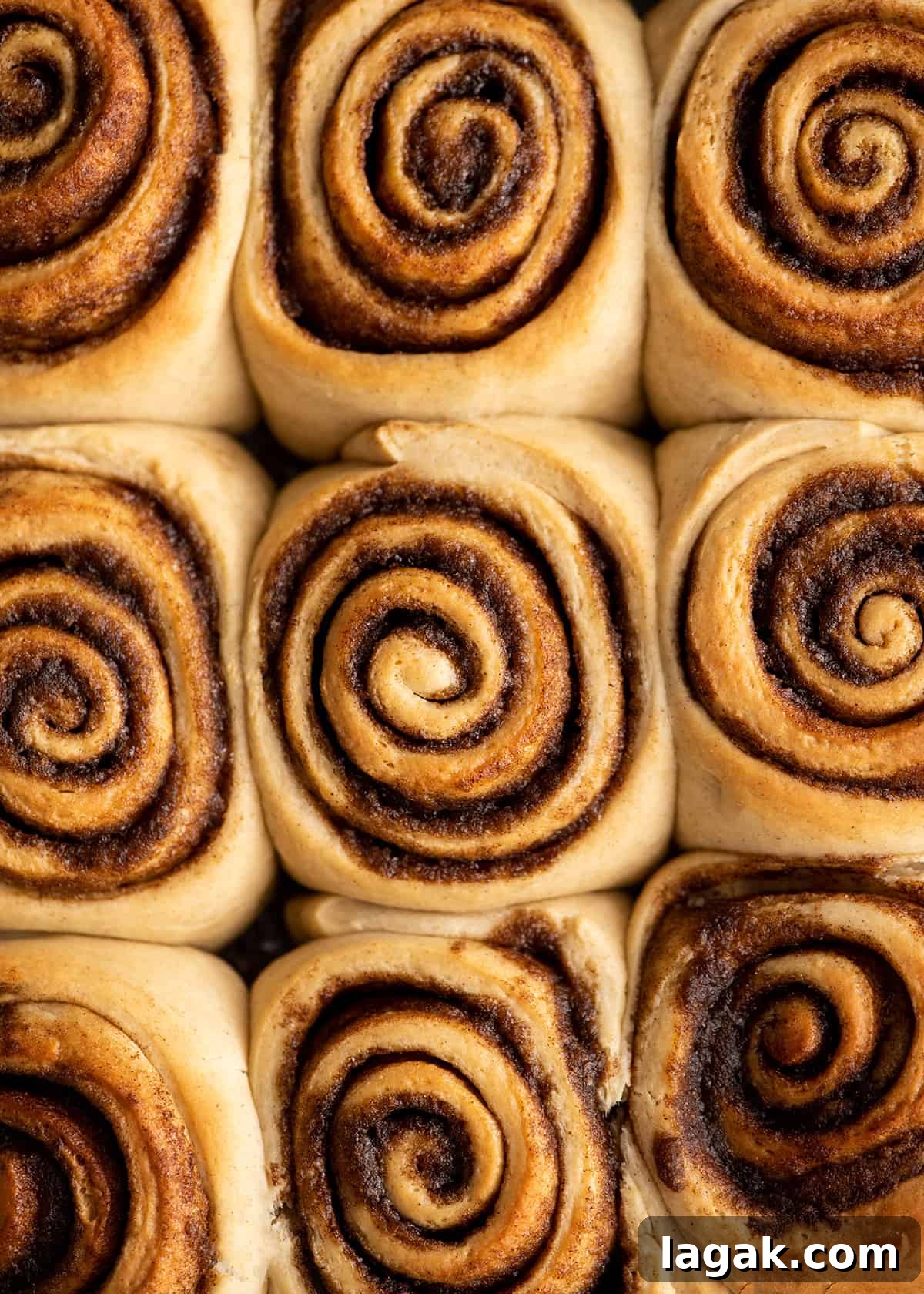 Cinnamon Roll Recipe That Beats Cinnabon: Gooey Overnight Rolls 4 overhead view of a pan of 12 baked cinnamon rolls before being frosted