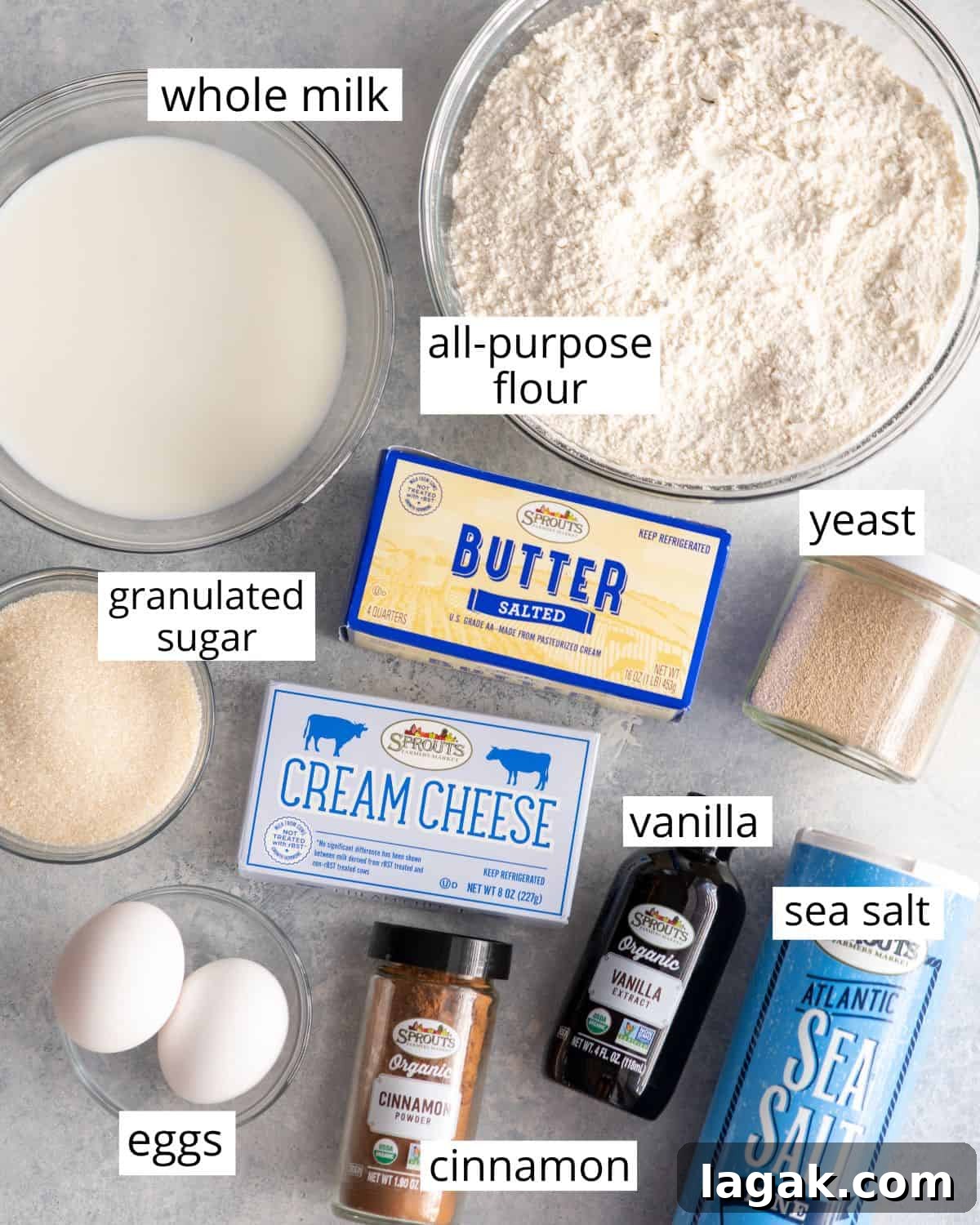 Cinnamon Roll Ingredients overhead view of the ingredients in this cinnamon rolls recipe