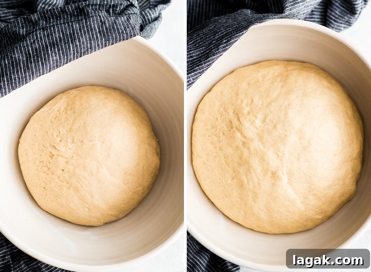 First Rise two overhead photos showing how to make cinnamon rolls