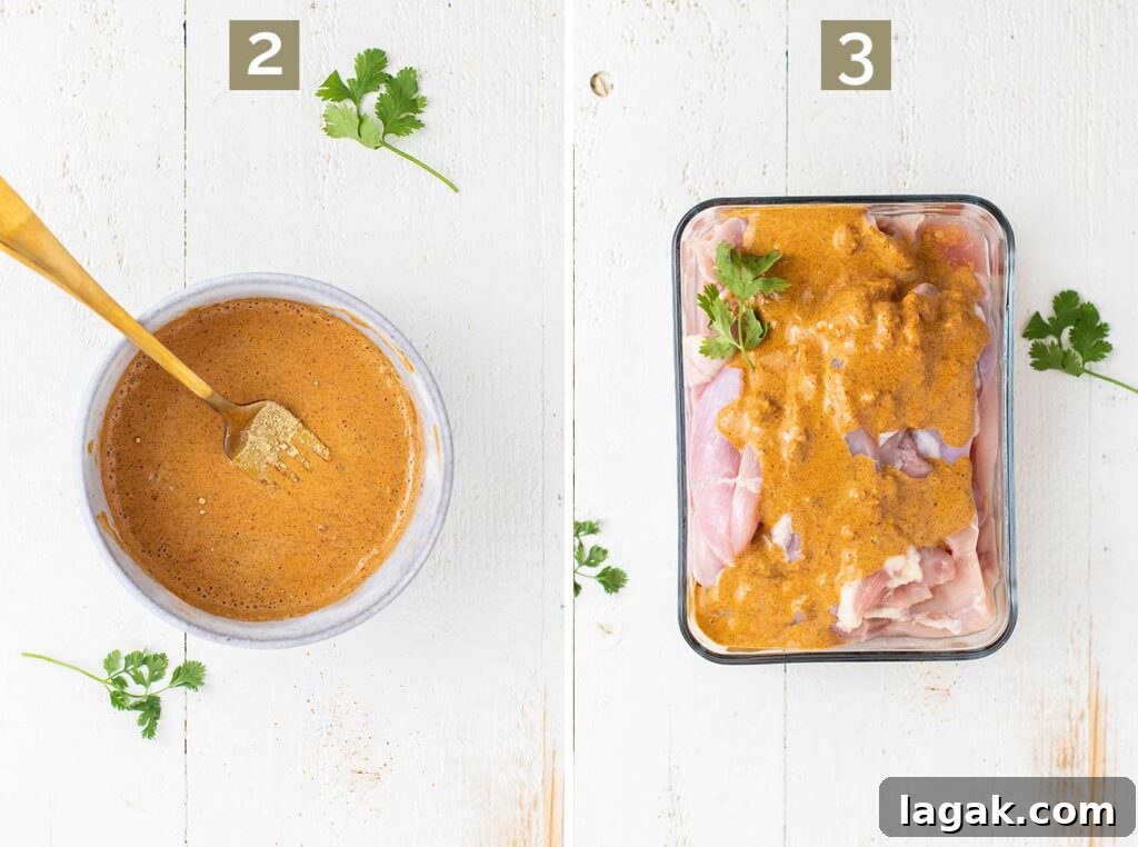 Thai Chicken Satay Recipe: Grilled Skewers with Peanut Sauce 4 Two images showing how to which the marinade together and then coat the chicken.