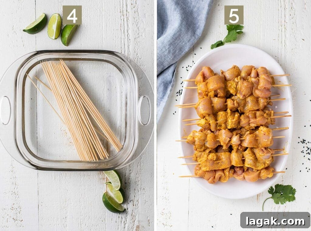 Thai Chicken Satay Recipe: Grilled Skewers with Peanut Sauce 5 Two images showing how to soak the bamboo skewers, and then weave the chicken onto the skewers.