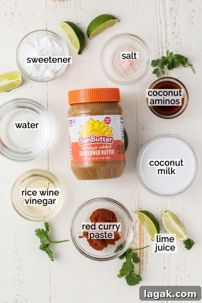 Thai Chicken Satay Recipe: Grilled Skewers with Peanut Sauce 7 The ingredients laid out and labeled that are needed for chicken satay dipping sauce.