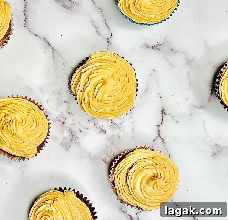 Decadent Chocolate Peanut Butter Cupcakes Recipe 5 Cupcakes on countertop.