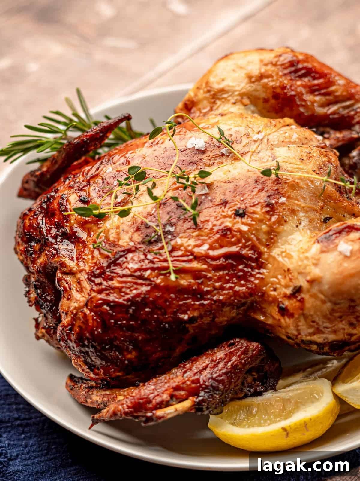 A cooked chicken topped with thyme sprigs on a white plate.