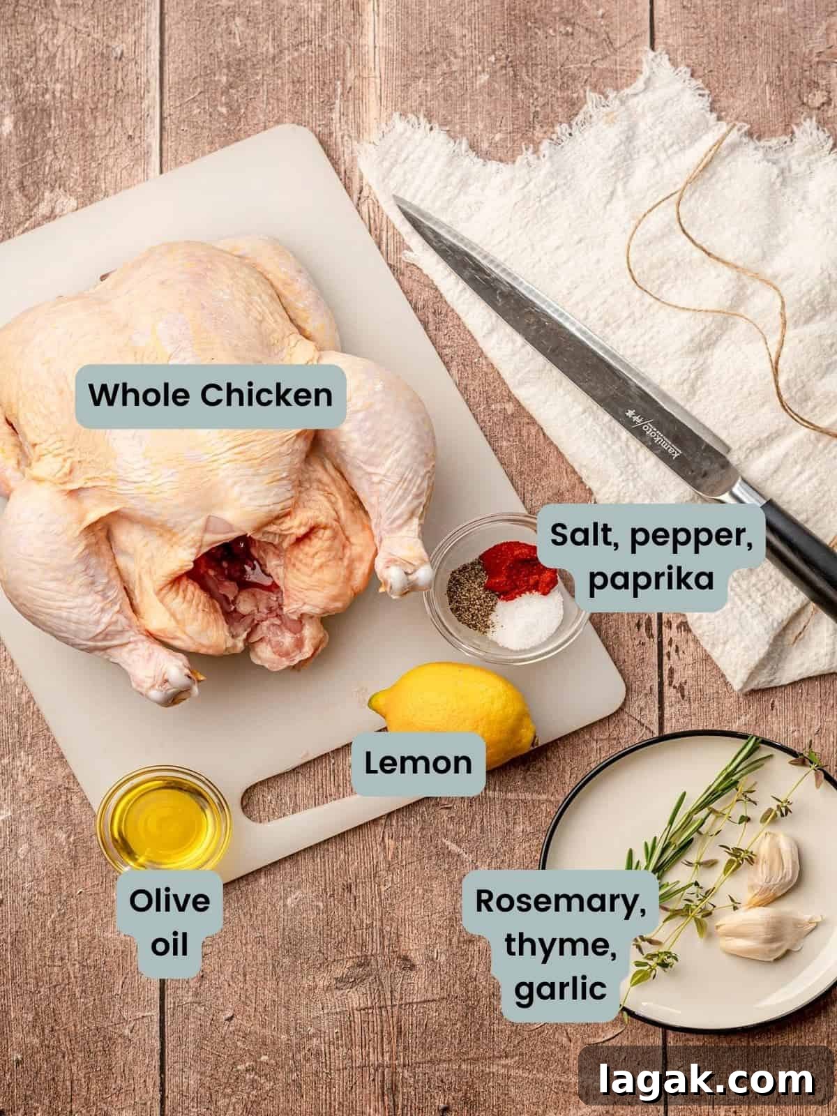 Ingredients for rotisserie chicken measured out on a wooden surface.