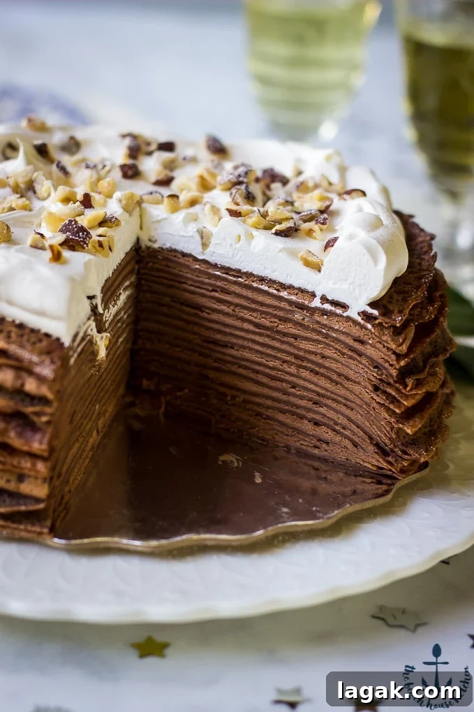 Double-Chocolate-Hazelnut-Crepe-Cake Photo showing layers of Double Chocolate Hazelnut Crepe Cake.