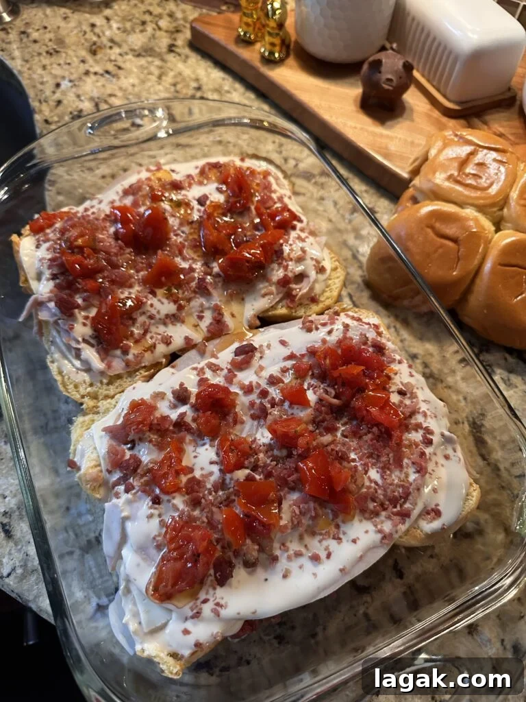Derby Day Hot Brown Sliders Recipe for Kentucky Party Bites 5 Buns topped with deli turkey, mayo, bacon bits, and sun dried tomatoes